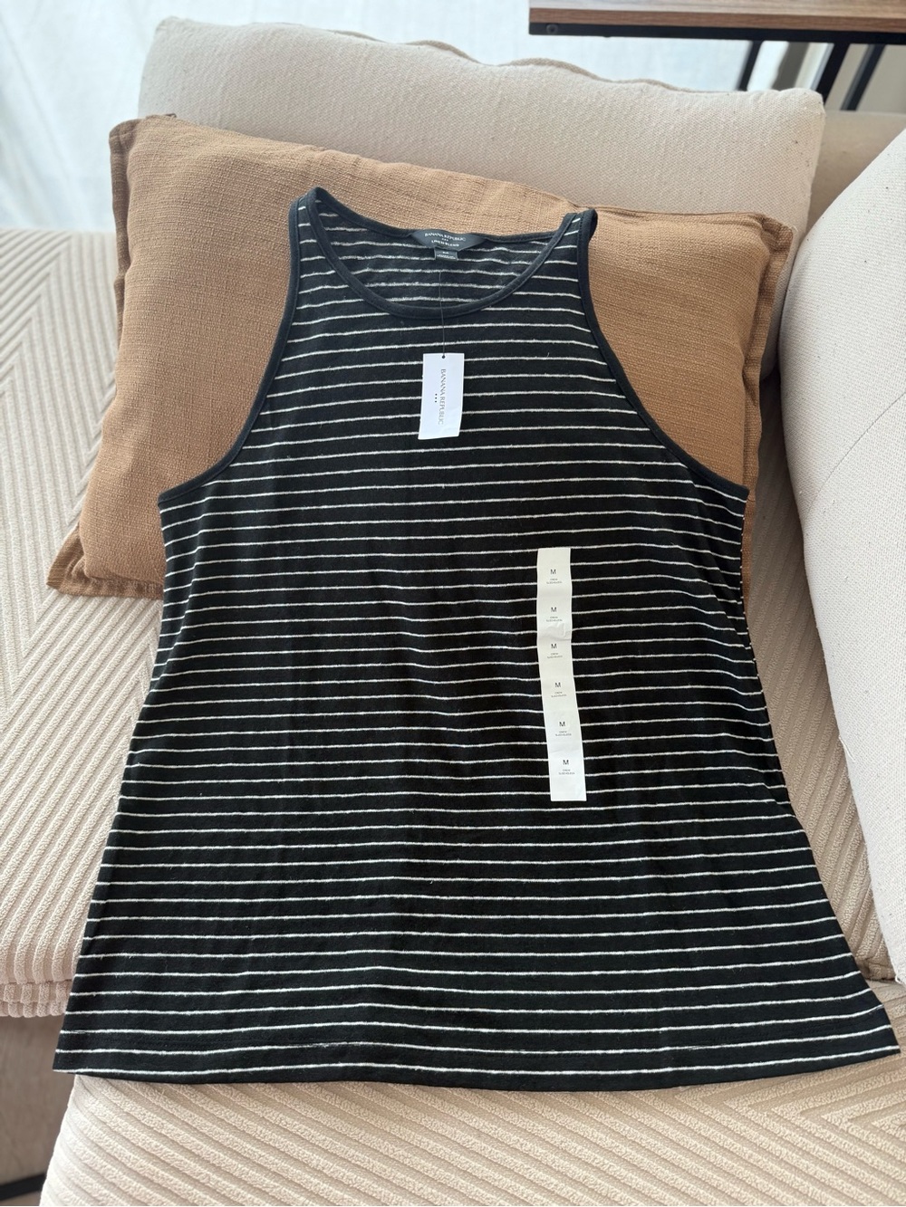 Banana Republic Black & White Striped Sleeveless Tank Linen basic